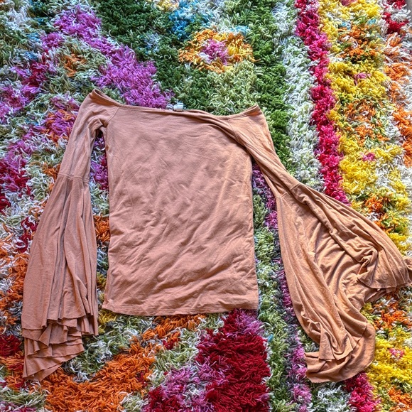 FP Birds of Paradise Bell Sleeve Elegant Tan Off-Shoulder Top - Picture 2 of 6